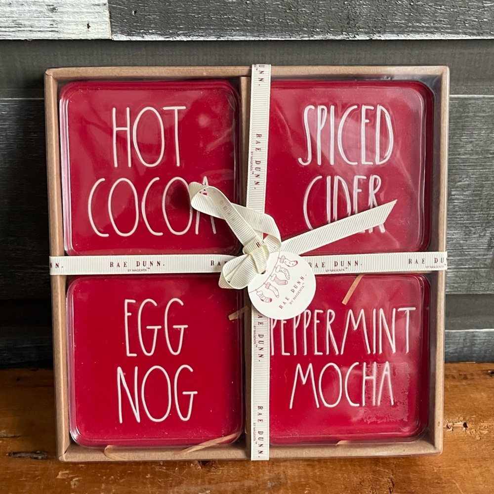 Rae Dunn Christmas Winter Drinks Red and White Coaster Gift Set
